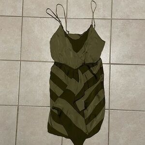 ALICE + OLIVIA Striped Silk Mini Slip Dress Olive Green